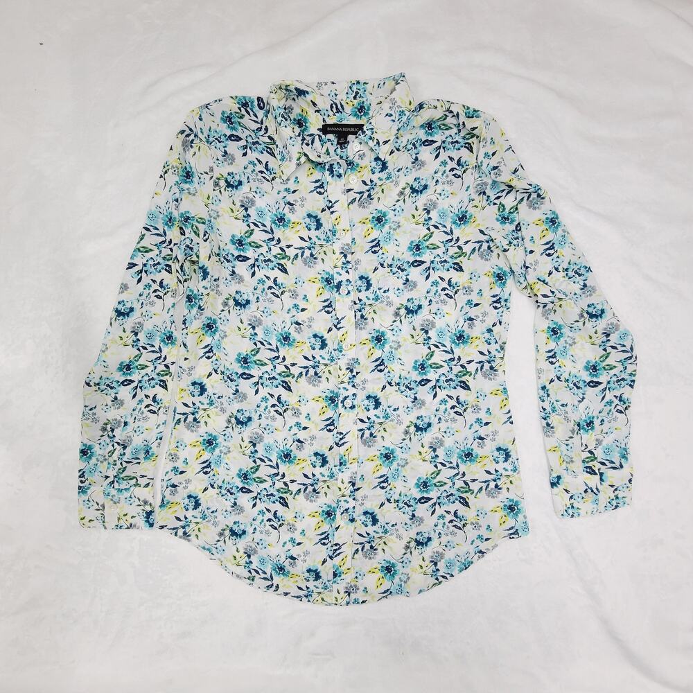 Banana Republic Floral Blouse Medium Blue Green Button Front Shirt Lightweight - Picture 1 of 11
